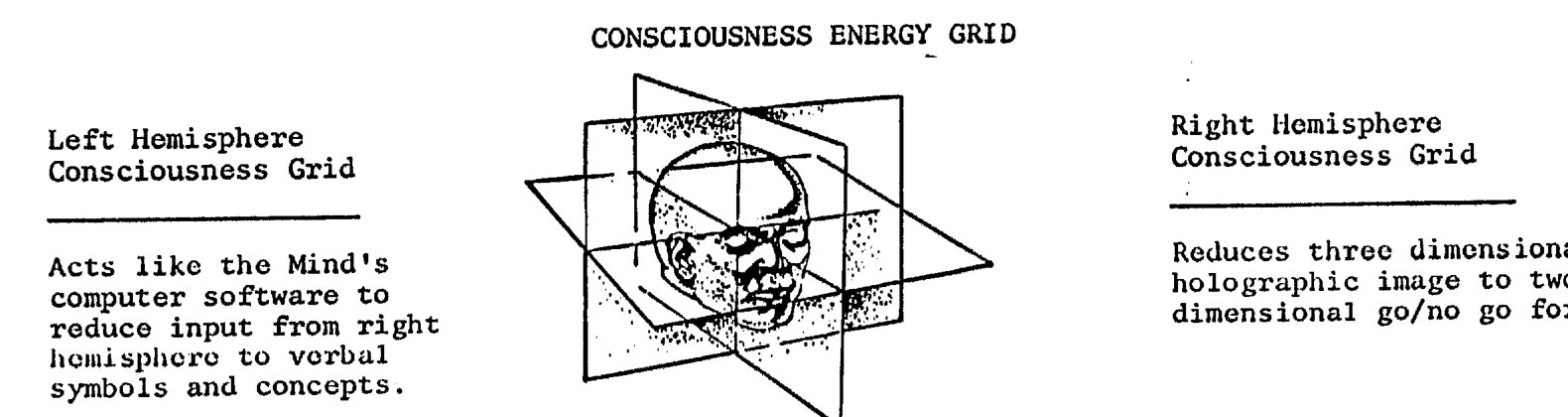 Exhibit 2 from the memorandum: a head drawn inside three
      intersecting planes, captioned Consciousness Energy Grid